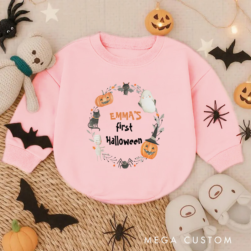 Personalized Baby's First Halloween Baby Bodysuit with Pumpkin Wreath and Custom Name Design