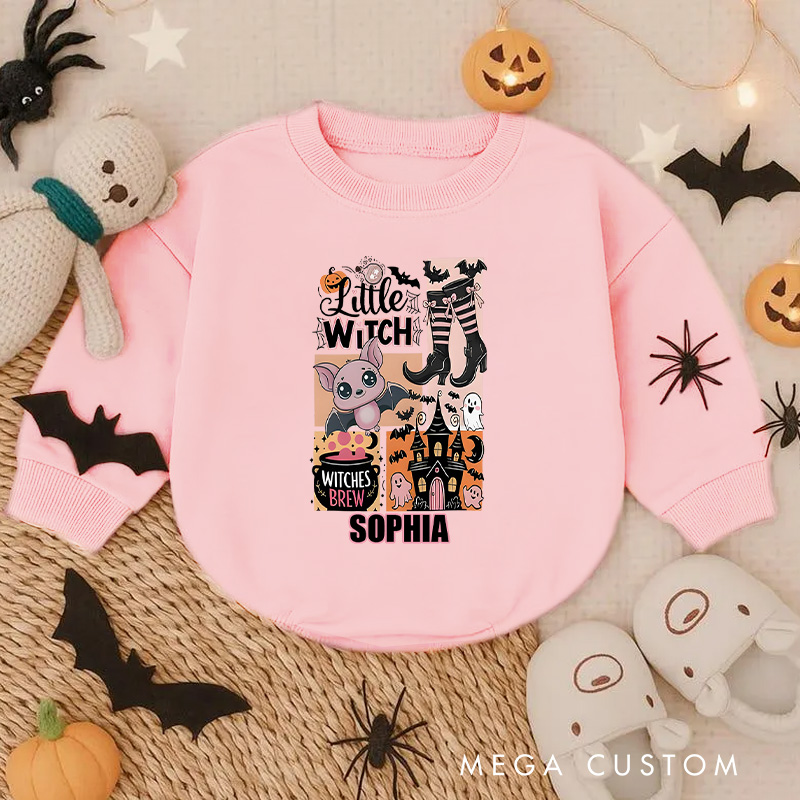 Personalized Little Witch Baby Bodysuit with Cute Cat and Broomstick for Halloween Adventures