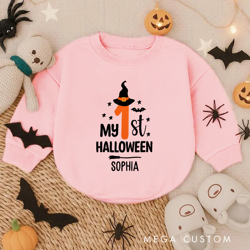 Personalized My First Halloween Baby Bodysuit with Witch Hat and Stars for Baby’s Special Celebration