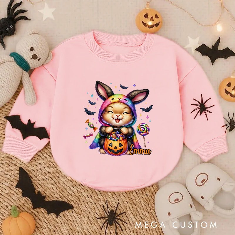 Personalized Halloween Animel Baby Bodysuit with Colorful Costume and Candy Design Featuring Name for Cute Celebrations