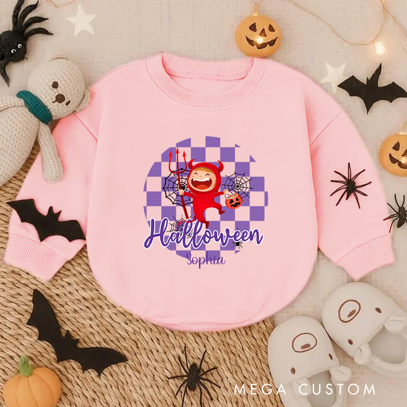 Personalized Halloween Monster Baby Bodysuit with Checkered Background for a Spooky and Cute Celebration