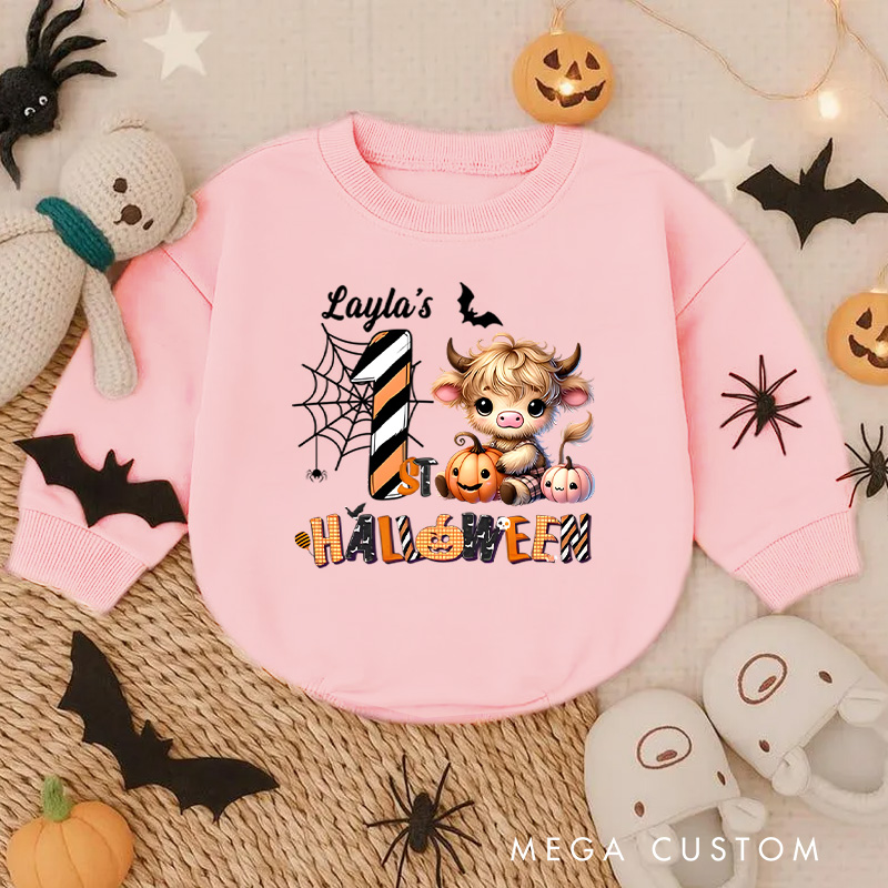Personalized Spider Web and Pumpkin Design for Baby's First Halloween Celebration Baby Bodysuit