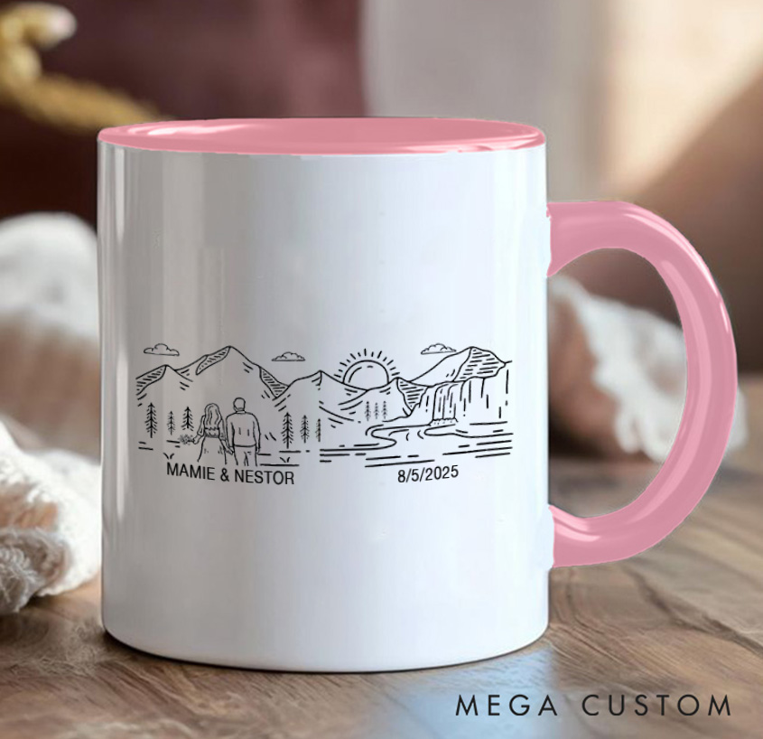 Personalized Mountain Couples Mug Adventurers Camping Hiking Unique Favor Mug Gift for Outdoors Nature Lovers