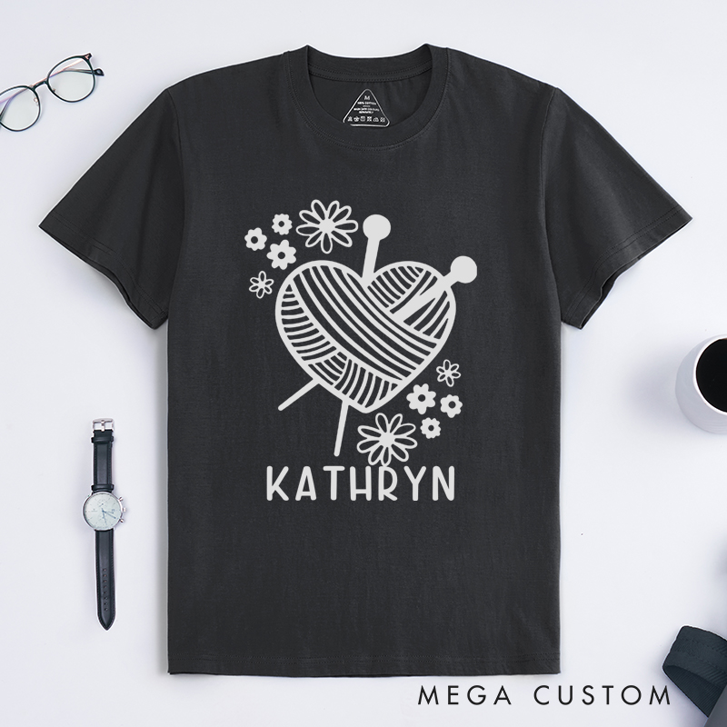 Personalized Knitting Heart Classic T-Shirts Gift for Knitting Lovers Cute Yarn Design Shirt Funny Knitting Tee
