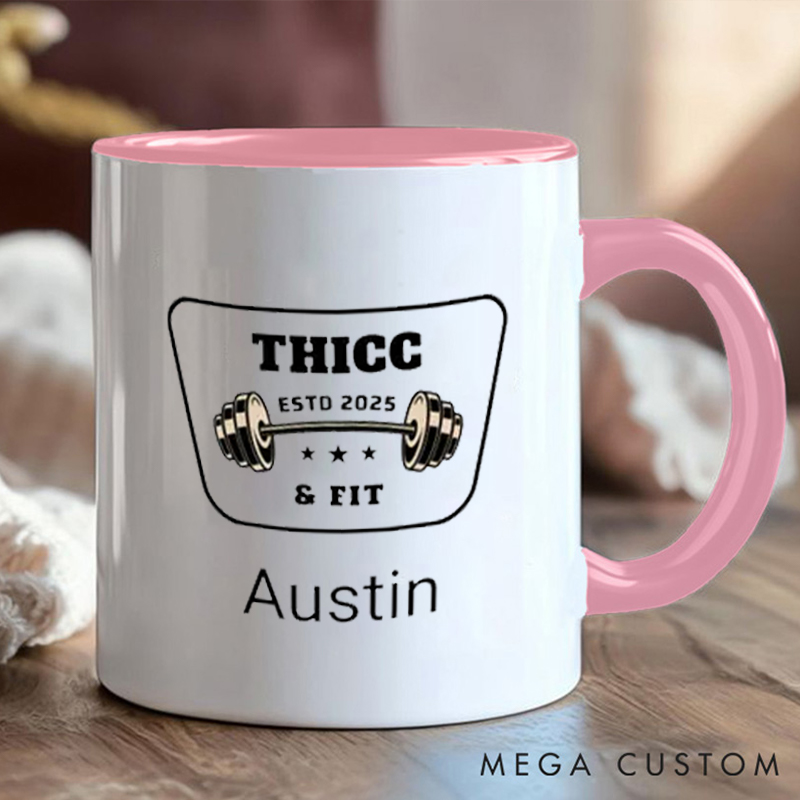 Personalized Thicc Fit Coffee Cup Mug with Dumbbell Graphic and Name Gift for Fitness Enthusiasts Bodybuilders and Gym Lovers