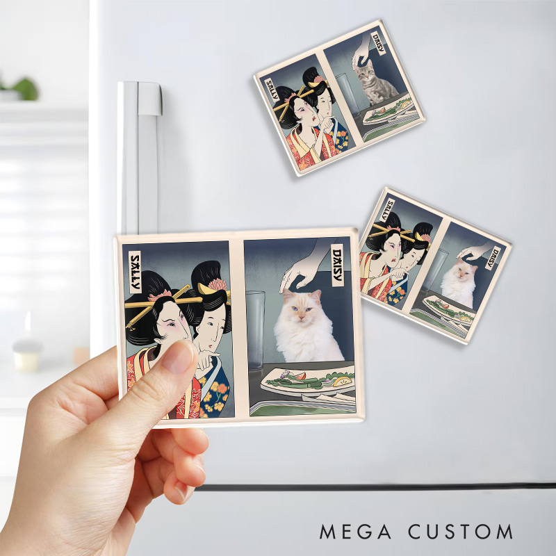 Personalized Woman Yelling at Cat Fridge Magnet Japanese Ukiyo-e style Magnets Cat Meme Kitchen Decor for Cat Mom Dad Japanese Lover Ukiyomemes