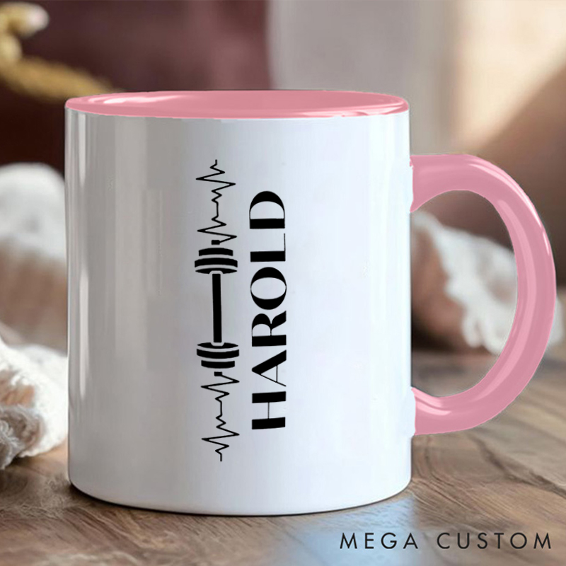 Personalized Workout Lover Coffee Cup Mug with Dumbbell and Heartbeat Design for Fitness Enthusiasts Bodybuilders and Gym Lovers