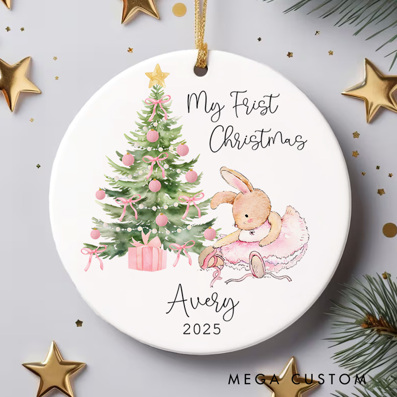 Personalized Bunny with Christmas Tree Baby's First Christmas Ornament