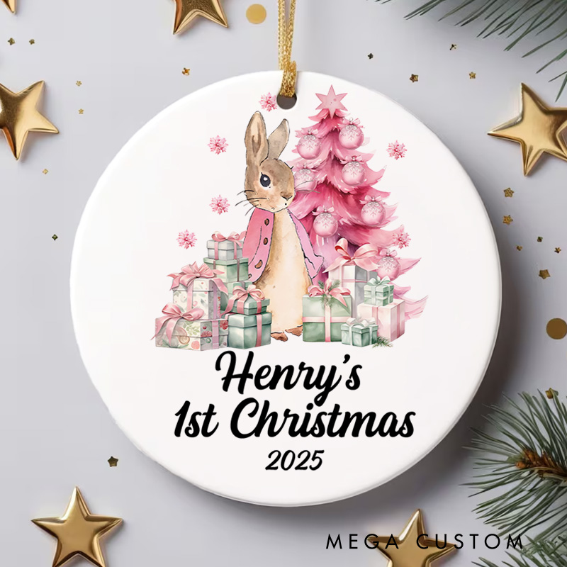 Personalized Pink Bunny and Gifts Baby's First Christmas Ornament