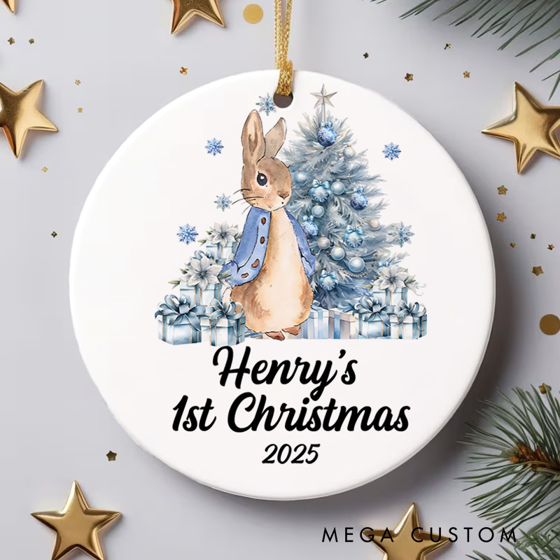 Personalized Blue Bunny with Snowflakes Baby's First Christmas Ornament