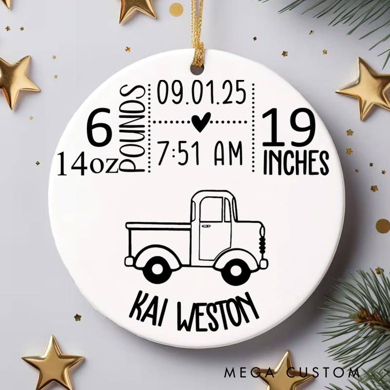 Personalized Baby Stats and Truck Design First Christmas Ornament