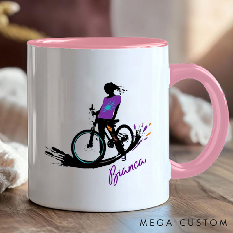 Personalized Cycling Coffee Cup Mug with Colorful Cyclist Illustration for Outdoor Adventures Riding Cycling Biking Enthusiasts