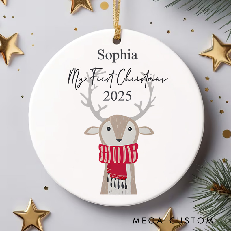Personalized Reindeer in Scarf Baby's First Christmas Ornament Newborn Gift