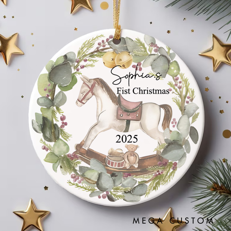 Personalized Rocking Horse with Greenery Wreath First Christmas Ornament Funny Baby Gift