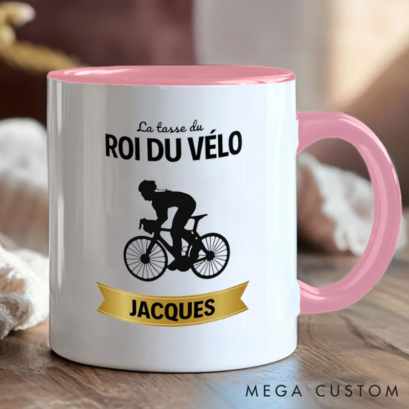 Personalized King of Cycling Coffee Cup Mug with Yellow Handle for Outdoor Adventures Riding Cycling Biking Enthusiasts