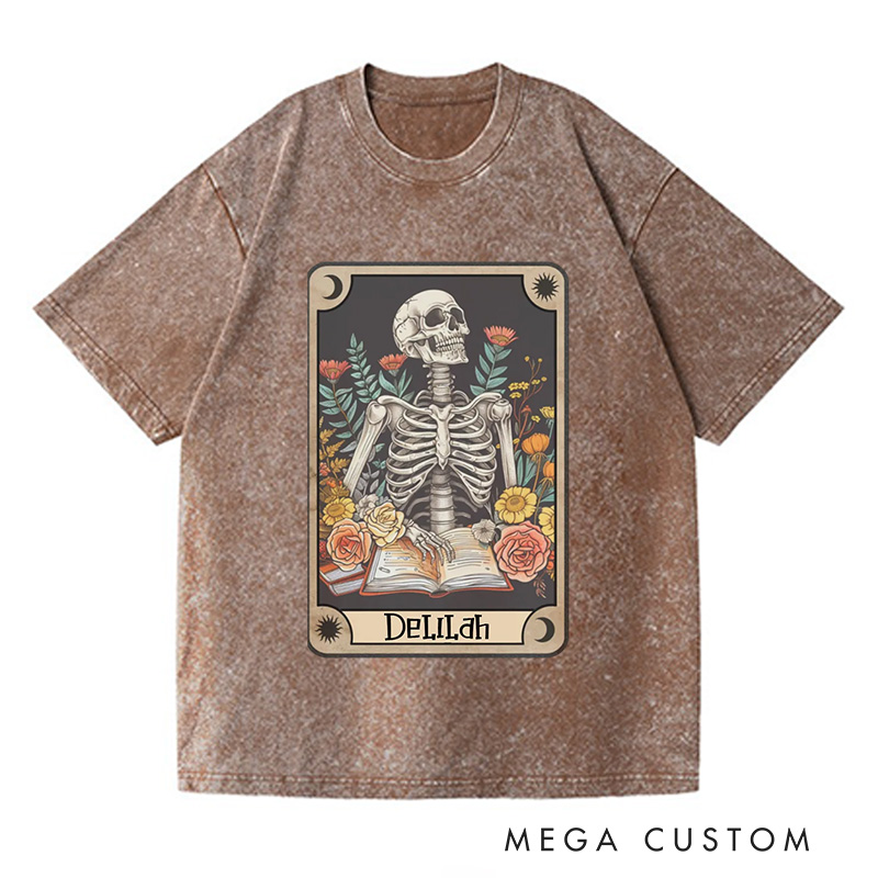 Personalized The Reader Tarot Card Washed T-Shirts Skeleton Reading Shirt Unisex Tarot Card Shirt Book Lover Gift Bookish Gift