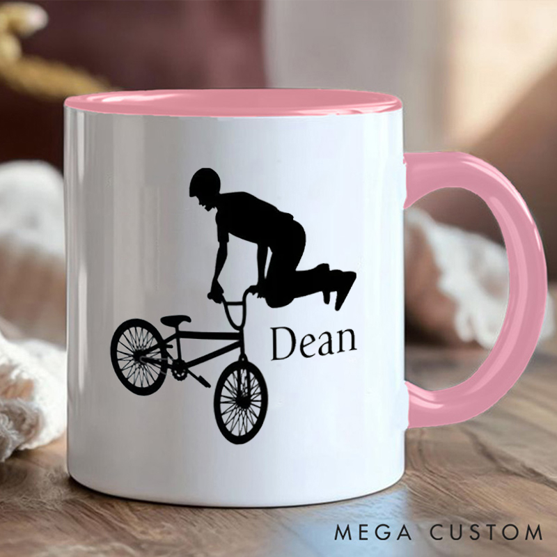 Personalized BMX Stunt Coffee Cup Mug with Stunt Rider Silhouette for Outdoor Adventures Riding Cycling Biking Enthusiasts