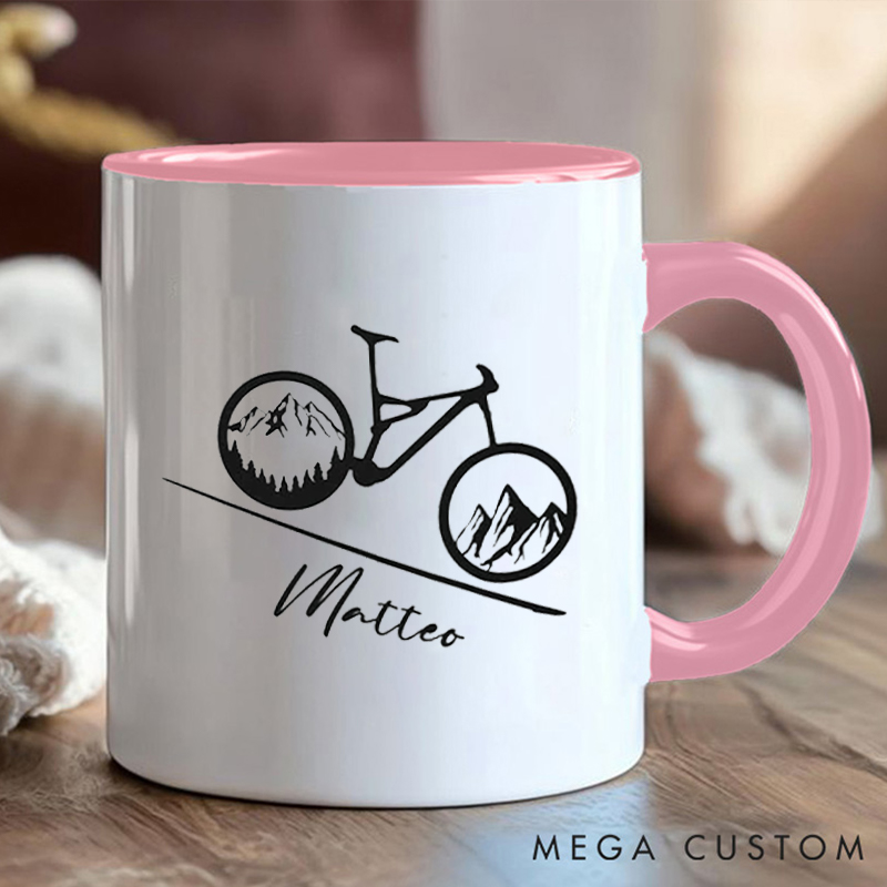 Personalized Mountain Bike Coffee Cup Mug with Scenic Bike Illustration for Outdoor Adventures Riding Cycling Biking Enthusiasts