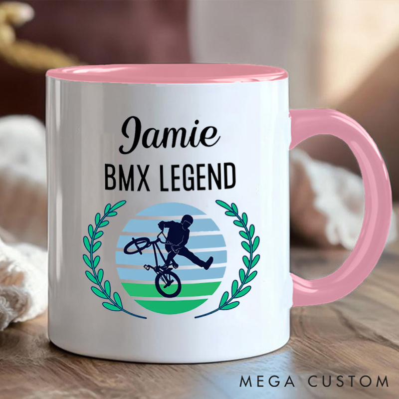 Personalized BMX Legend Coffee Cup Mug with Name and Stunt Design for Outdoor Adventures Riding Cycling Biking Enthusiasts