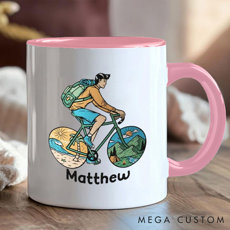 Personalized Adventure Cycling Coffee Cup Mug with Colorful Outdoor Illustration for Outdoor Adventures Riding Cycling Biking Enthusiasts