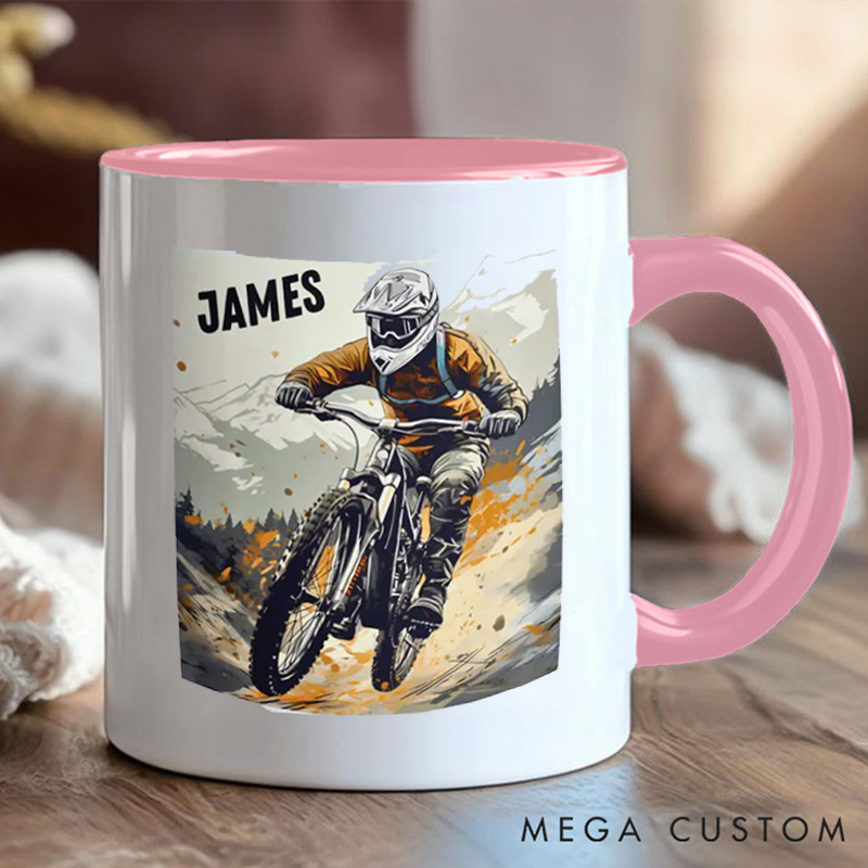 Personalized Mountain Biking Coffee Cup Mug with Downhill Biker for Outdoor Adventures Riding Cycling Biking Enthusiasts