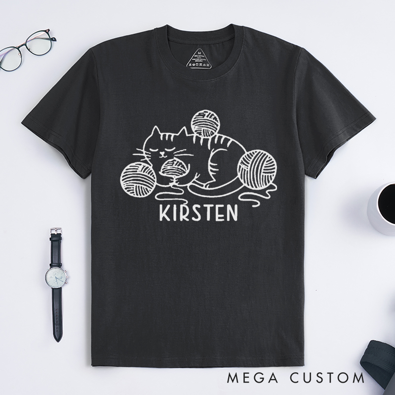 Personalized Knit Cat Classic T-Shirts Gift for Knitting Lovers Yarn Ball Cute Kitten Graphic Tee Cozy Pet Lover Shirt