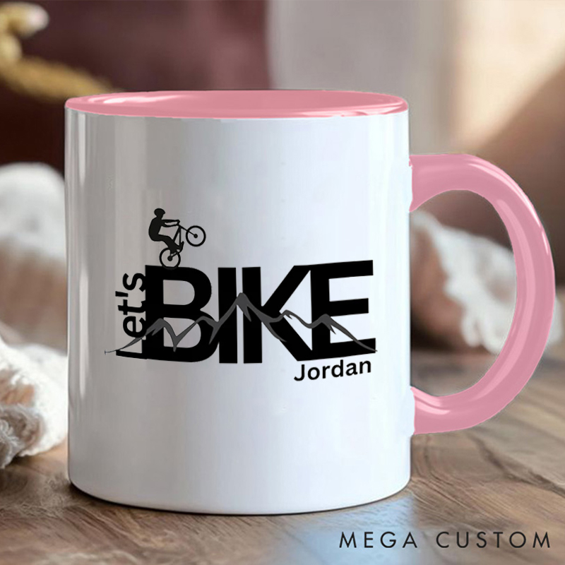 Personalized Lets Bike Coffee Cup Mug with Cyclist and Mountain Art for Outdoor Adventures Riding Cycling Biking Enthusiasts
