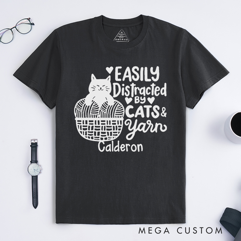 Personalized Easily Distracted by Cat and Yarn Classic T-Shirts for Knitting Lovers Funny Crochet Shirt Gift for Cat Lover