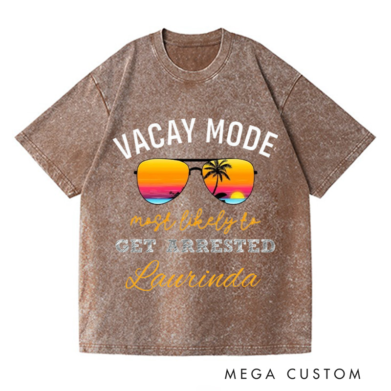 Personalized Vacay Mode Washed T-Shirts Summer Vacation Shirt Trendy Tee Colorful Patterned Shirt Gift For Traveler