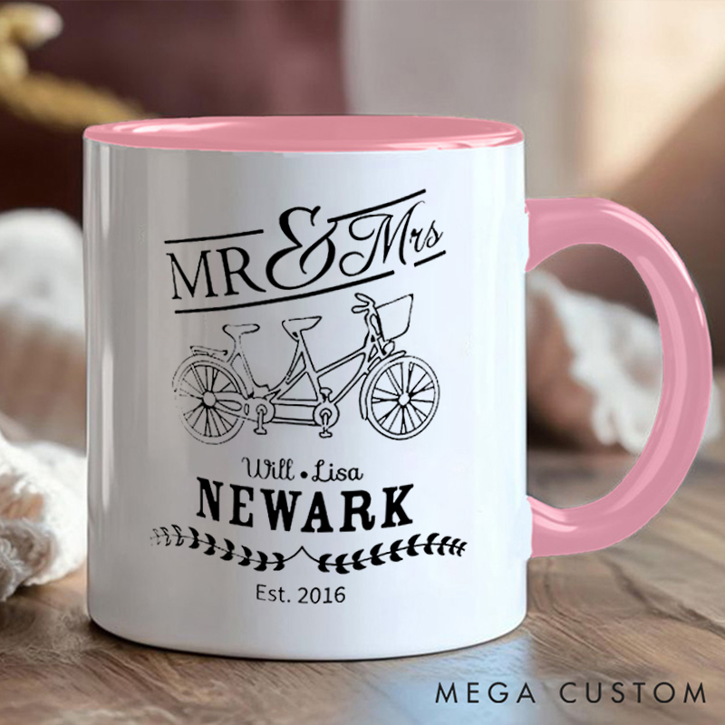 Personalized Mr Mrs Tandem Bike Coffee Cup Mug with Celebrate Wedding Anniversary for Outdoor Adventures Riding Cycling Biking Enthusiasts