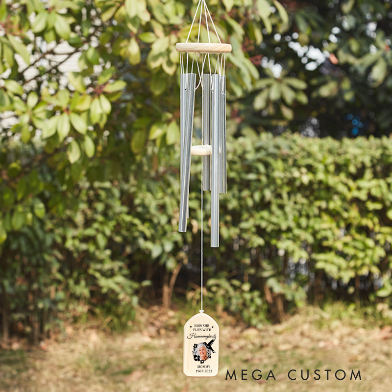 Personalized Photo Wind Chimes Now She Flies With Hummingbirds Bereavement Outdoor Wind Chimes for Loss of Loved One Sympathy Gifts