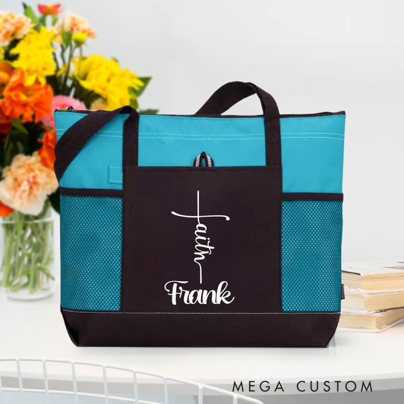 Personalized Faith Cross Tote Bag with Name and Zipper Large Capacity Religious Accessory Gift for Christian Religious Christian Gifts 