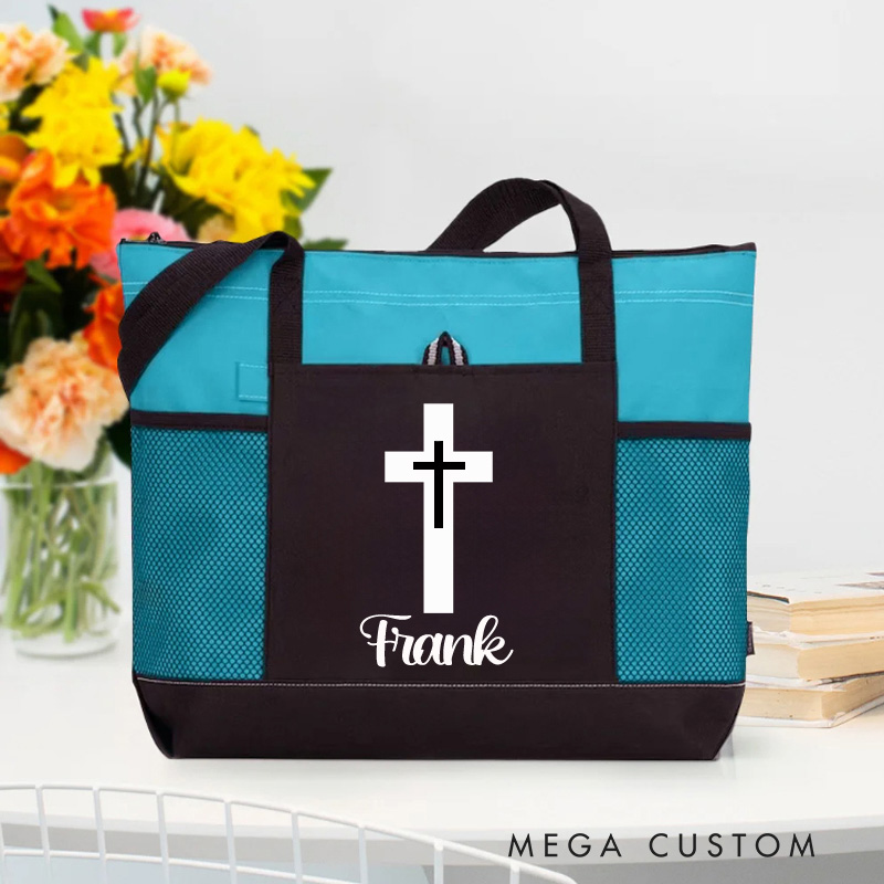 Personalized Cross Tote Bag with Name and Zipper Large Capacity Religious Accessory Gift for Christian Religious Christian Gifts 