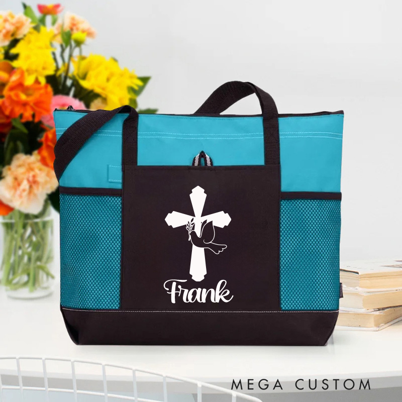 Personalized Cross Dove Tote Bag with Name and Zipper Large Capacity Religious Accessory Gift for Christian Religious Christian Gifts 