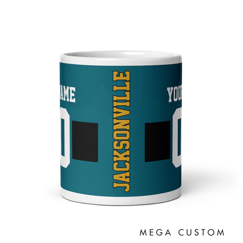 Personalized Football Mug Featuring Custom Team Name Player Name and Jersey Number Design Perfect for Sports Fans and Enthusiasts