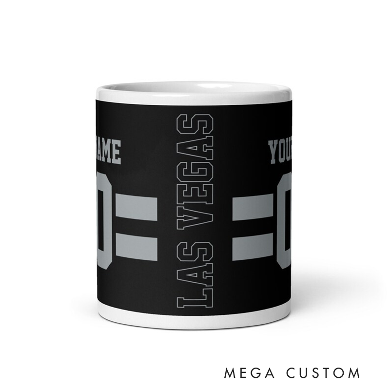 Personalized Football Mug with Customizable Team Name Player Name and Jersey Number Design in Sleek Black Style