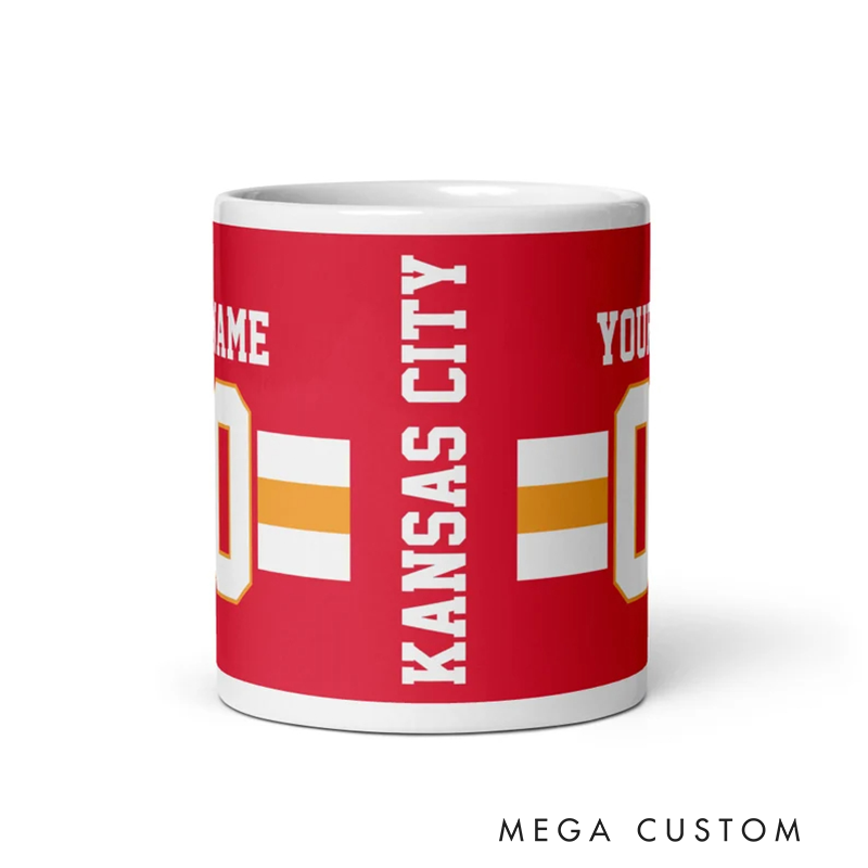 Personalized Football Mug with Custom Team Name Player Name and Jersey Number Featuring a Bold Red Design Perfect for Fans and Enthusiasts