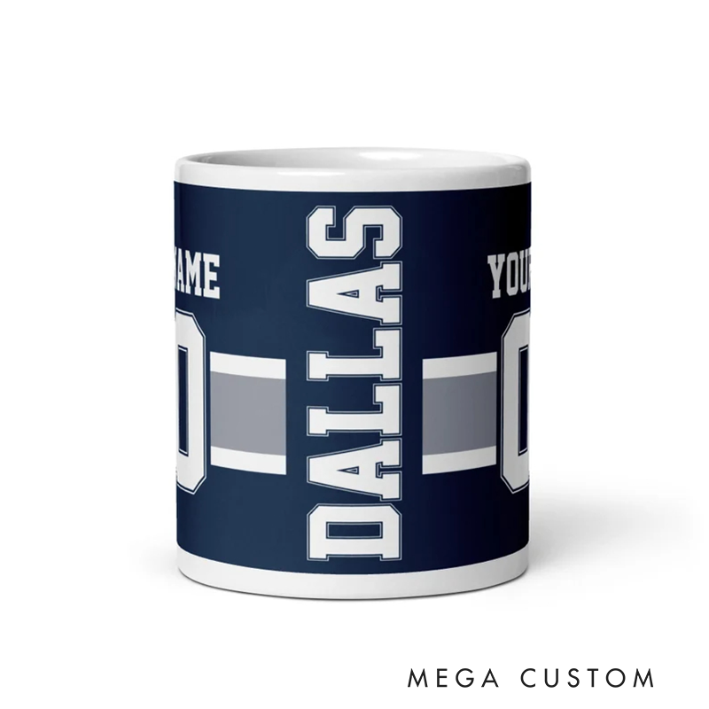 Personalized Football Mug with Customizable Team Name Player Name and Jersey Number in Classic Navy Blue Design