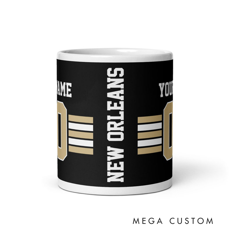 Personalized Football Mug with Customizable Team Name Player Name and Jersey Number in Sleek Black and Gold Design