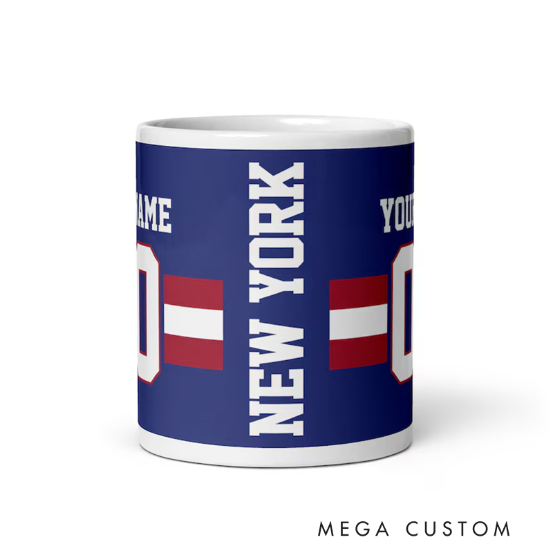Personalized Football Mug with Customizable Team Name Player Name and Jersey Number in Bold Blue and Red Design