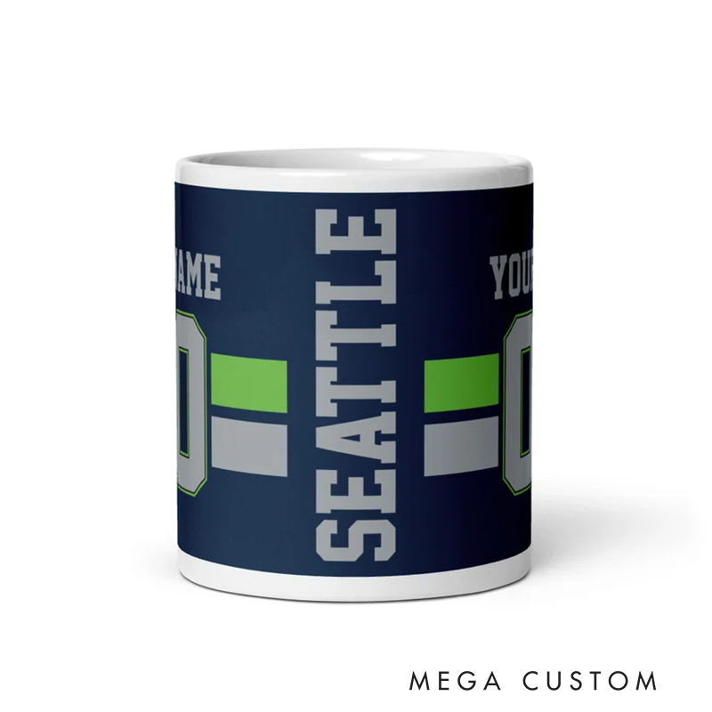 Personalized Football Mug with Customizable Team Name Player Name and Jersey Number in Navy Blue and Neon Green Design