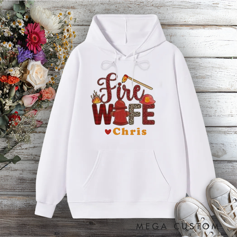 Personalized Fire Wife Hoodie with Fire Helmet Flame and Axe Design Gift for Firefighter Wives