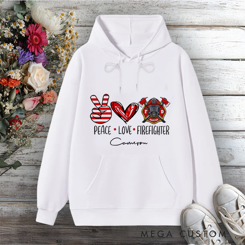 Personalized Hoodie Peace Love Firefighter Design with Hand Heart and Fire Helmet Elements Gift for Firefighter
