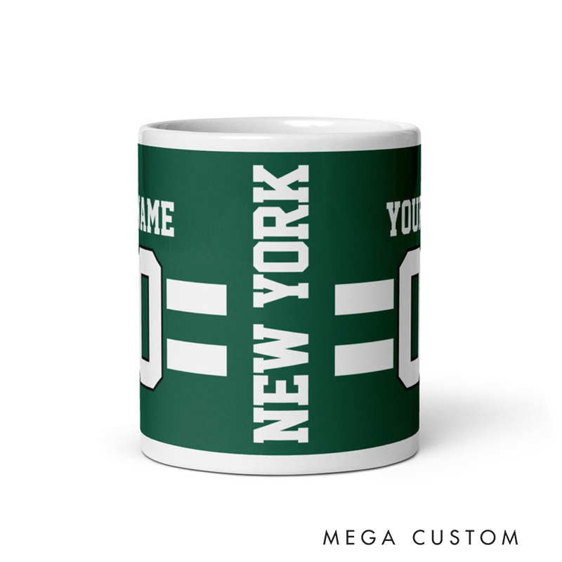 Personalized Football Mug with Customizable Team Name Player Name and Jersey Number in Classic Green and White Design