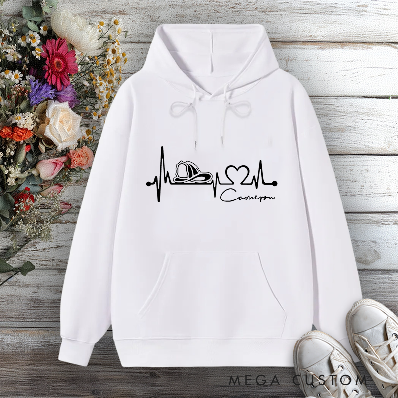 Personalized Hoodie Firefighter Heartbeat Line Design with Fire Helmet Gift for Firefighter