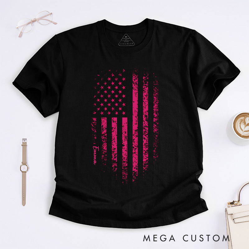 Personalized Breast Cancer Awareness Pink Distressed American Flag T-Shirt
