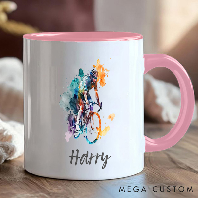 Personalized Watercolor Cyclist Coffee Cup Mug with Art for Outdoor Adventures Riding Cycling Biking Enthusiasts