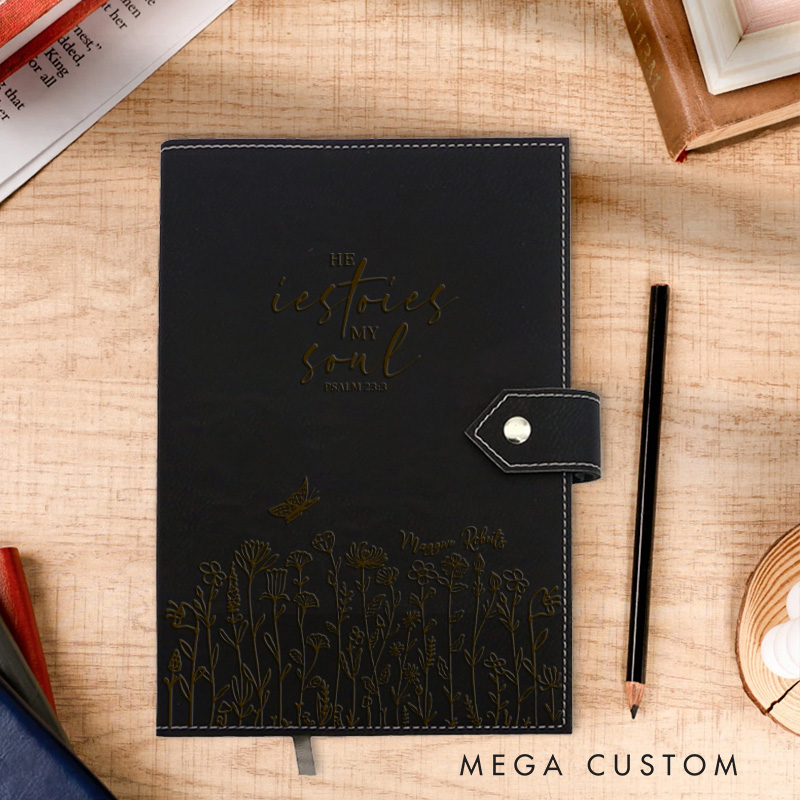 Personalized He Restores My Soul Flowers Journal for Women Leather Prayer Notebook with Name Gratitude Journal Christian Gifts for Women