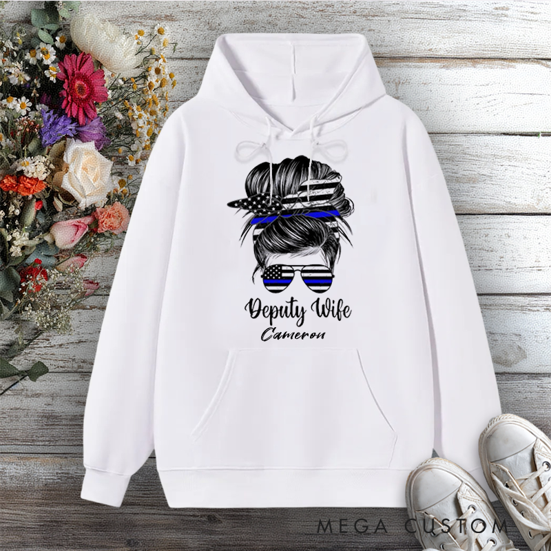 Personalized Police Hoodie Deputy Wife Design with Messy Bun and Thin Blue Line Gift for Police officer