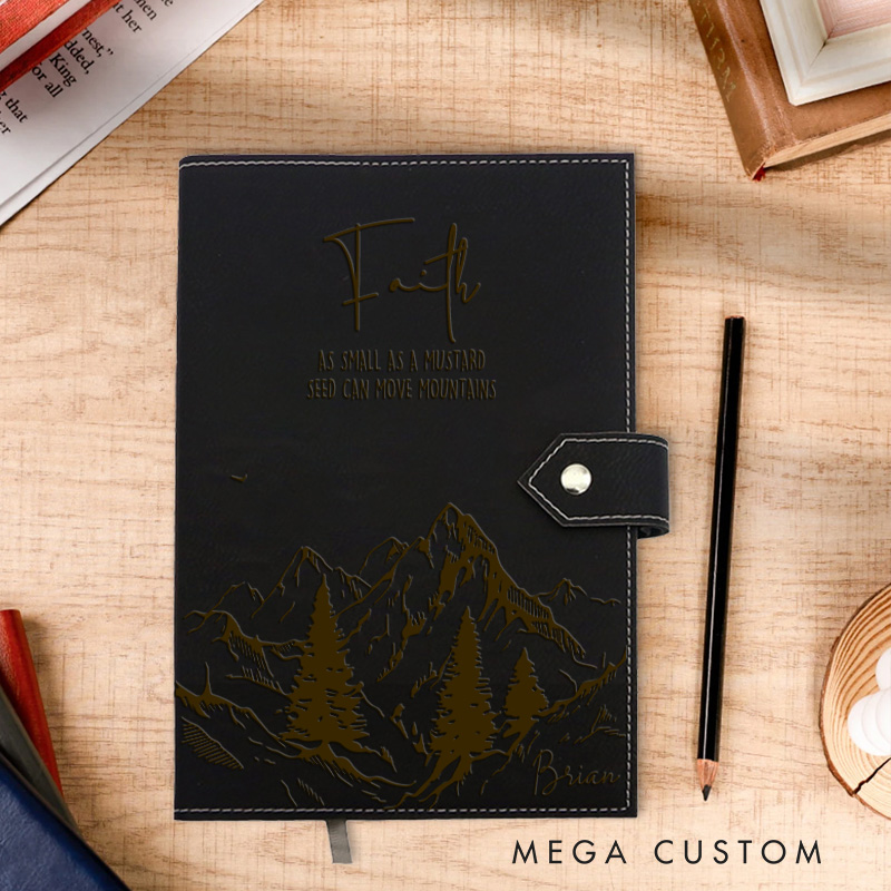 Personalized Faith with Mountain Prayer Journal Leather Notebook with Name Religious Bible Verse Journal Christian Gift for Women Men Religious Gift